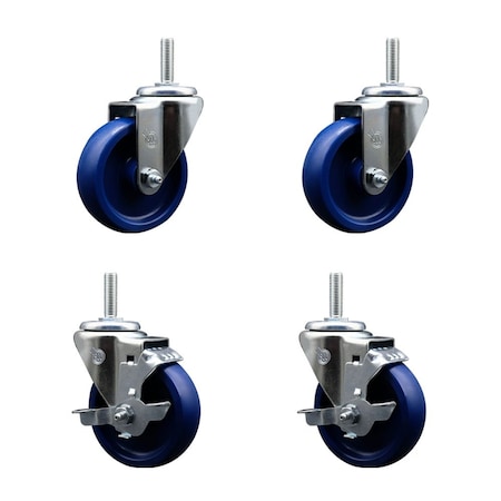 Service Caster 4 Inch Solid Polyurethane Wheel Swivel 58 Inch Threaded Stem Caster Set 2 Brakes SCC SCC-TS20S414-SPUS-58212-2-TLB-2